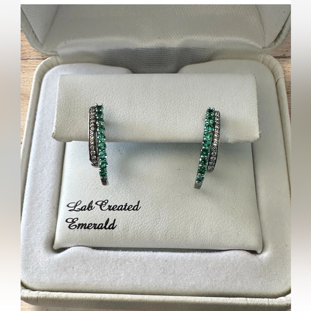 NWT 925 Sterling Silver Emerald & White Sapphire 2 Row Earrings Lab Created